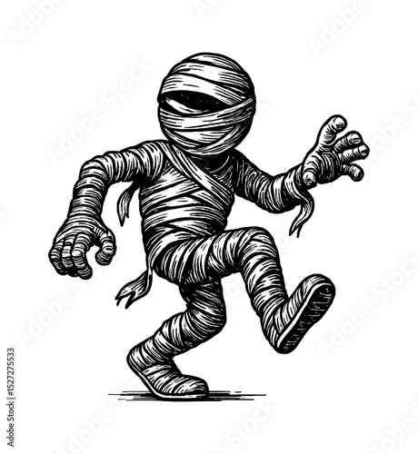 Black and White Illustration of Mummy Walking with Arms Outstretched in Engraving Style