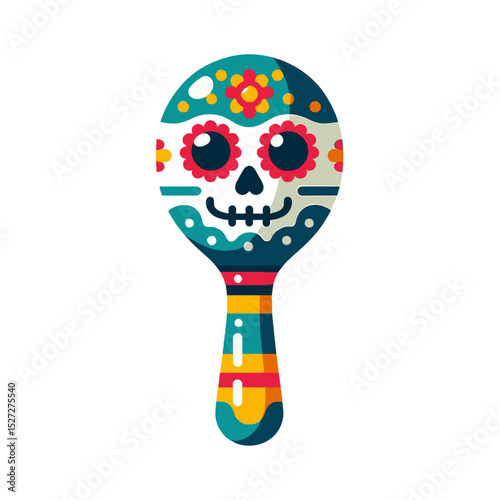 This image of a colorful maraca with a sugar skull design is perfect for websites and blogs celebrating Dia de los Muertos, Cinco de Mayo, Mexican culture, music, and festive events.


