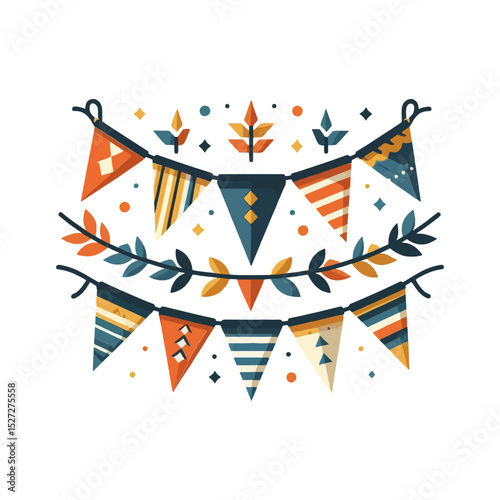 Colorful festive bunting flags with foliage accents. Useful for websites or blogs about celebrations, holidays, parties, or decorations.