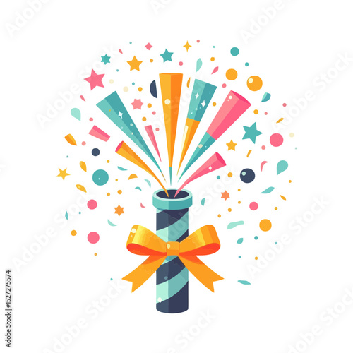 vibrant confetti popper with colorful stars and streamers erupting. Useful for websites or blogs about celebrations, parties, holidays, or success.