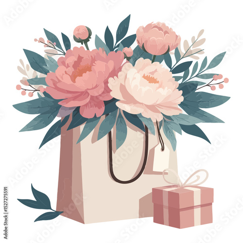 floral gift bag with peonies and a wrapped present. Useful for websites or blogs about gifts, flowers, shopping, or celebrations.