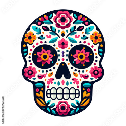 colorful sugar skull adorned with flowers and patterns. Useful for websites or blogs about Day of the Dead, Mexico, culture, or celebrations.