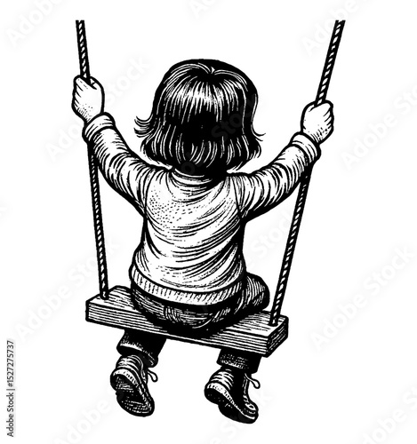Child on a Swing Back View Black and White Engraving Style Illustration Graphic