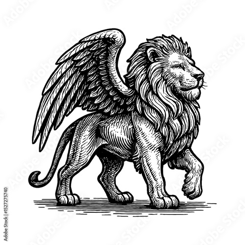 Winged Lion Standing Profile View Detailed Black and White Engraving Illustration, Mythological Creature