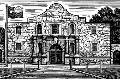 Engraved illustration of The Alamo in San Antonio Texas with Texas flag waving