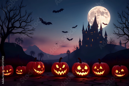 Halloween background with scary pumpkins, Dracula castle and various silhouettes of flying bats against full moon. 3d rendering. photo