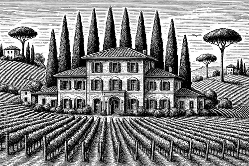 Detailed Black and White Engraving of a Villa with Vineyard and Cypress Trees on Rolling Hills