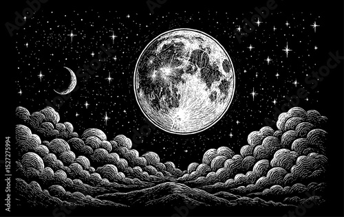 Full moon shines over cloudscape and night sky with stars engraving art
