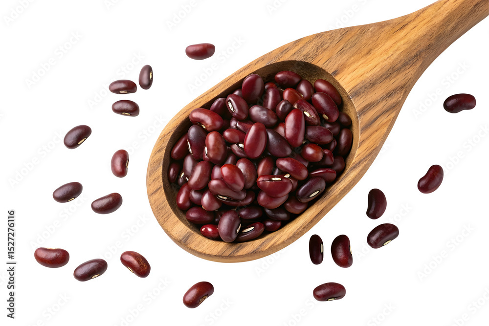 Fototapeta premium Wooden spoon with red azuki beans isolated on white or transparent background