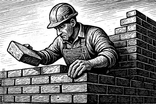 Focused Construction Worker Laying Bricks in Detailed Black and White Woodcut Style Illustration