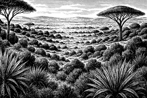 Engraved illustration of an African landscape with trees and shrubs on a hilly terrain.