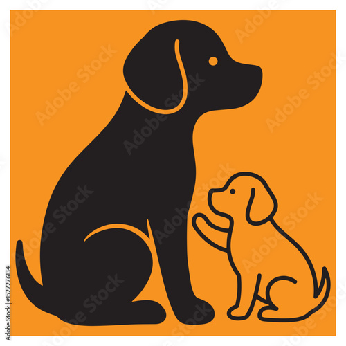 Adorable dog illustration of a large dog with a small puppy with a friendly paw raised.
