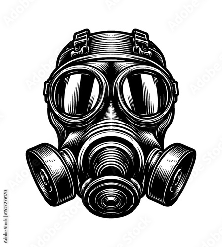 Illustration of a gas mask in black and white detailed drawing style isolated on white background