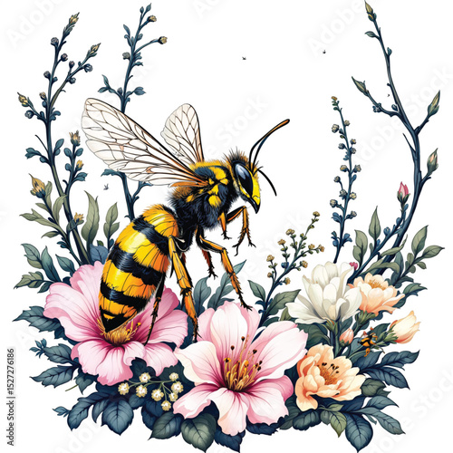 Wasp and bee and flower cartoon vector illustration isolated