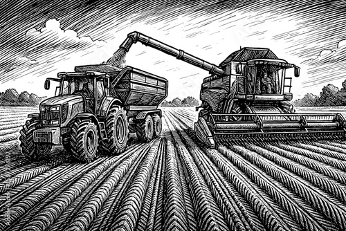 Combine harvester unloading grain into trailer on the field in engraving style