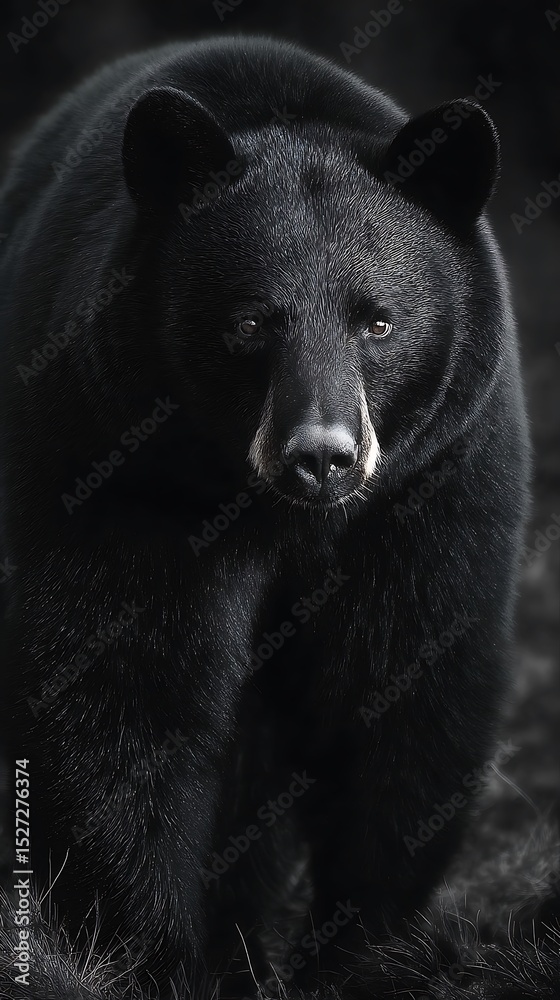 Fototapeta premium bear in early morning fog, dramatic light rays creating contrast on fur, negative space on right for branding