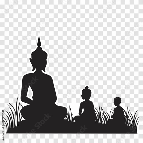 Buddha and two disciples silhouettes in grass