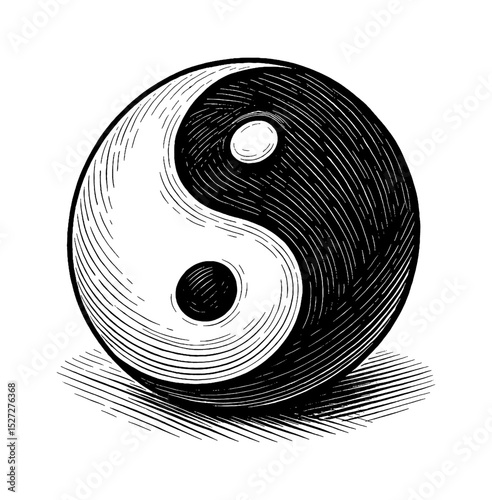Engraved Illustration of Yin Yang Symbol Representing Balance and Harmony