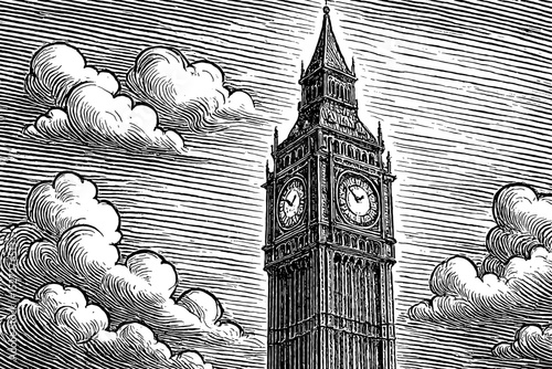 Engraved illustration of Big Ben clocktower in London with clouds and horizontal lines