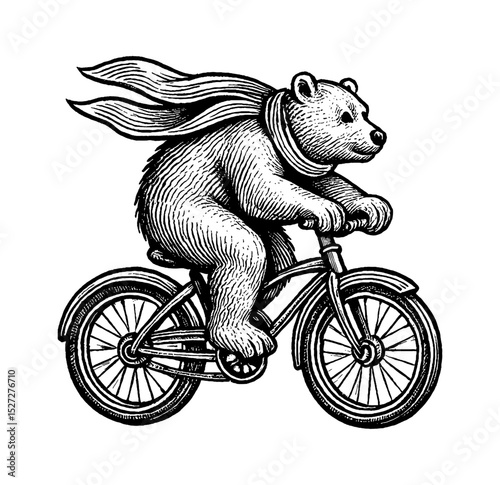 Bear riding bicycle with scarf blowing in the wind in vintage detailed black and white art