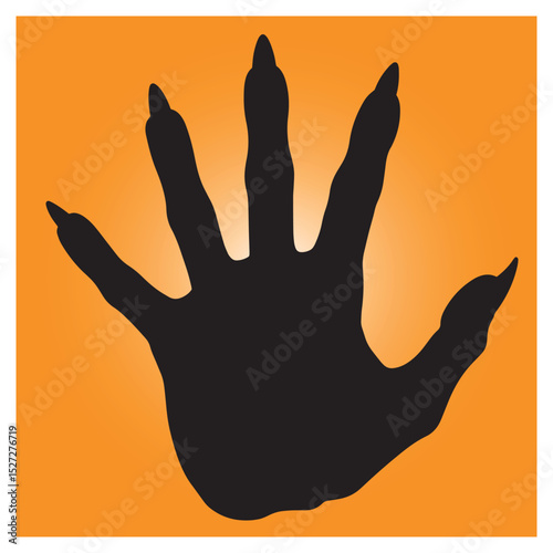 Black silhouette of a reptilian handprint against an orange gradient background square