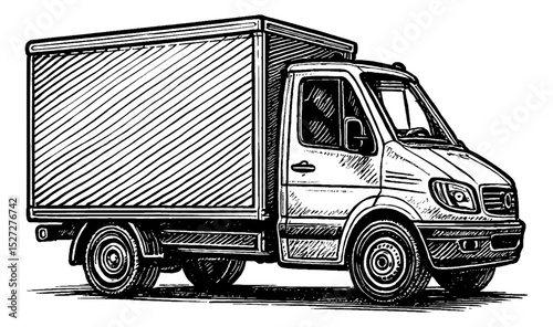 Illustration of delivery truck with side view on white background in black and white sketch