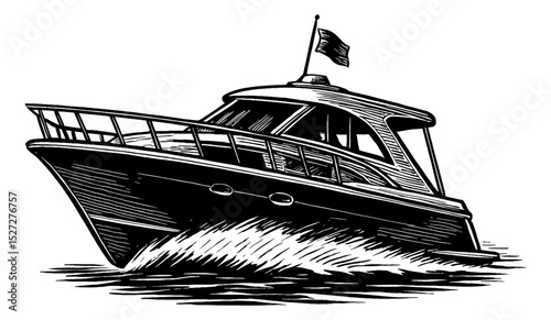 Illustration of a motorboat sailing on the water in black and white vintage style