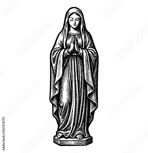 Engraving of Virgin Mary with Head Covered Praying with Hands Clasped and Eyes Closed in Black and White