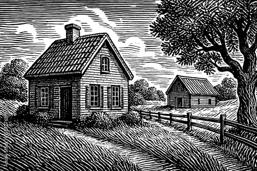 Detailed Engraving of Two Rural Houses with Tree and Fence in Grassy Field