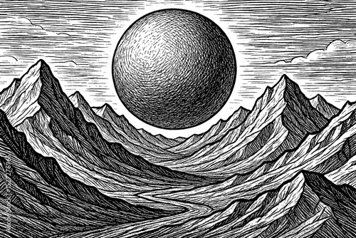 Engraved landscape with mountains, river, sky and sun or moon in black and white art style