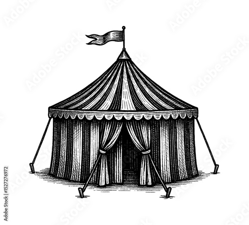 Illustration of Vintage Black and White Circus Tent with Flag on Top and Curtains on Entrance