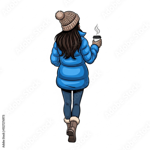  Back view young woman winter outwear drinking coffee walking cartoon vector illustration