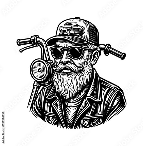 Bearded Man with Sunglasses and Baseball Cap Holding Motorcycle Handlebars Illustration