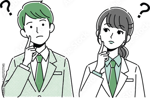 悩むスーツを着た男女ビジネスパーソンイラスト