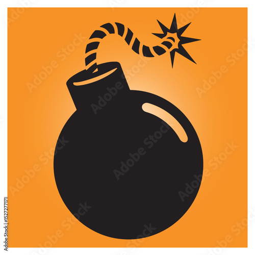 Cartoon illustration of a classic black bomb with lit fuse ready to explode on an orange background