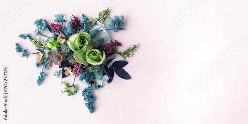 A composition of flowers on a white background. Spring pink flowers. Top view, a place to copy