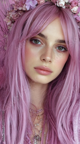 Portrait of a Beautiful Woman with Pink Hair and Floral Crown