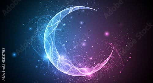 Abstract Crescent Moon with Glowing Light and Starry Sky Background