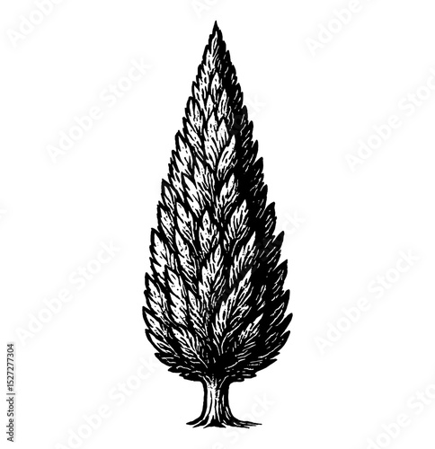Cypress tree engraving isolated on white background, vector illustration