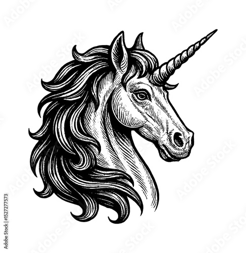 Unicorn head in profile. Black and white engraving style illustration art.