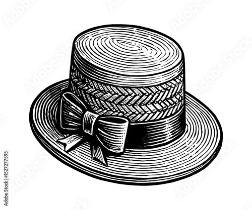 Engraved Image of a Classic Straw Boater Hat with Bow and Detailed Design