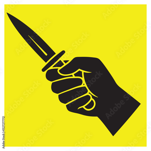 Hand firmly gripping a dagger silhouette against a vibrant yellow background