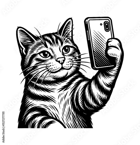 Cute Cat Taking Selfie with Smartphone in Detailed Black and White Engraving