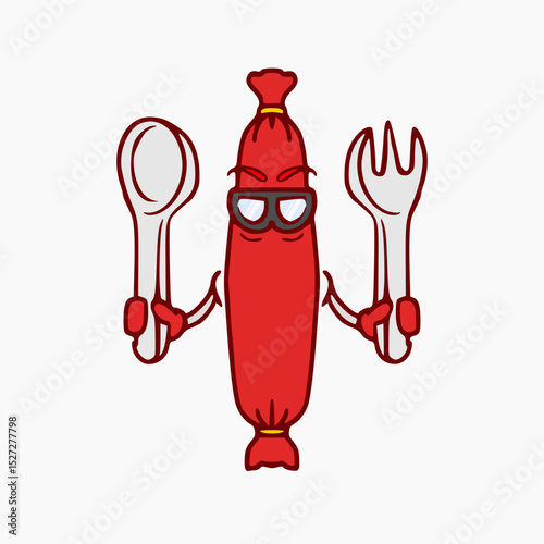 sausage mascot holding spoon and fork vector design with a cartoon theme. on a white background