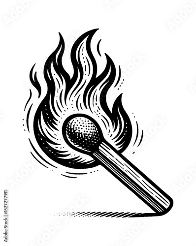 Burning Matchstick with Flame in Detailed Black and White Line Art Illustration