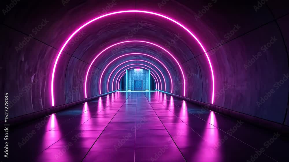 Neon-lit tunnel with reflections and glowing walls