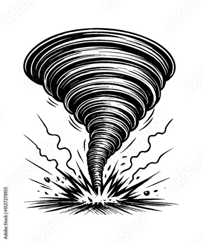 Cartoon Black and White Engrave Style Illustration of a Tornado Destroying Ground