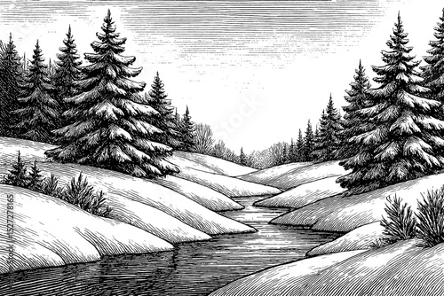 Winter river landscape scene in engraving style with trees and snow covered banks