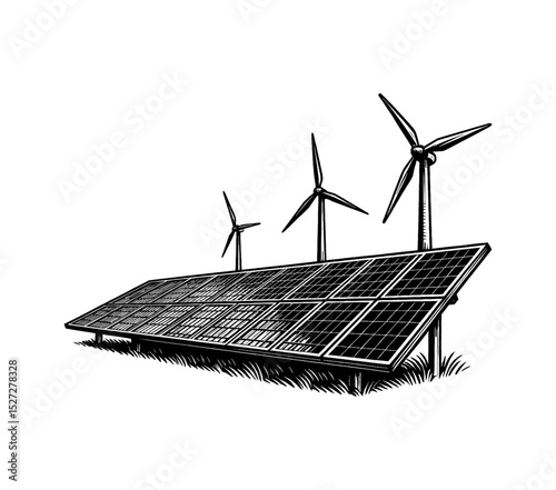 Illustration of solar panels and windmills in a black and white engraving style