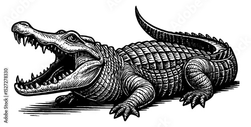 Detailed Engraving of an Alligator with Open Mouth in Black and White